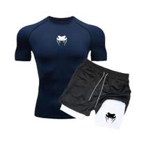 Conjunto De Fitness Masculino De Secagem Rápida Com Camiseta De Manga Curta E Calções De Dupla
