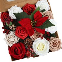 Conjunto de flores artificiais JSLOVFLO Christmas Red White Rose Conjunto de flores artificiais JSLOVFLO Christmas Red White Rose