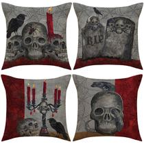 Conjunto de fronhas, caveira e vela de Halloween, 4 x 4, linho, 45 x 45 cm Conjunto de fronhas, caveira e vela de Halloween, 4 x 4, linho, 45 x 45 cm