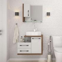 Conjunto de Gabinete de Banheiro com Cuba Aria 41 e Espelheira Wood 2 PT 2 GV Branco e Nogal