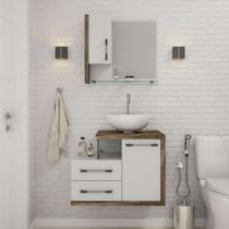 Conjunto de Gabinete de Banheiro com Cuba R35 e Espelheira Wood 2 PT 2 GV Branco e Carvalho Dark