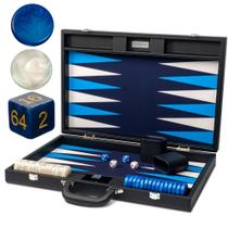 Conjunto de gamão Pointworks Premium de couro de 19 polegadas preto-azul