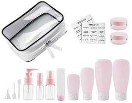 Conjunto de garrafas de viagem MAGIGO Pink Toilette, pacote com 16 unidades com bolsa transparente Conjunto de garrafas de viagem MAGIGO Pink Toilette, pacote com 16 unidades com bolsa transparente