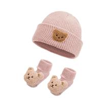 Conjunto De Gorro De Malha Sólido E Meias De Pelúcia Para Bebês (0-12 Meses) - Outono/Inverno