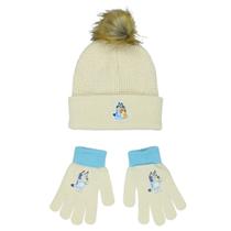 Conjunto de Gorro de Tricô Branco com Pom Pom e Luvas para Crianças Grandes Bluey