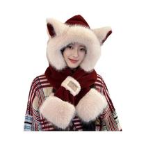 Conjunto De Gorro E Cachecol De Pelúcia Com Orelhas De Raposa Para Mulheres, Cachecol Com Capuz Fofo