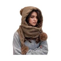 Conjunto De Gorro E Cachecol Feminino Para Inverno, Gorro De Malha Grossa Com Pompom E Protetores De