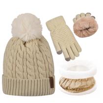 Conjunto de gorro feminino de inverno, cachecol e luvas, gorros femininos com lenço infinito de pompom, conjuntos de luvas tricotadas com tela sensível ao toque, boné térmico feminino, roxo, grosso, quente e macio, forrado de lã