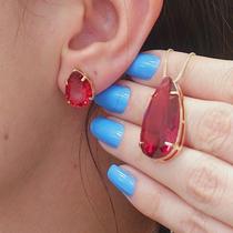 Conjunto De Gota Rubi Folheado A Ouro
