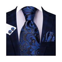 Conjunto de Gravata, Abotinaduras e Lenço Listrado Azul Marinho - Acessório Masculino Elegante