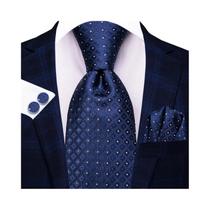 Conjunto de Gravata, Abotinaduras e Lenço Listrado Azul Marinho - Acessório Masculino Elegante