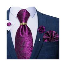 Conjunto de Gravata, Abotoaduras e Broche Vermelho Floral Masculino - 8cm - 5 Peças