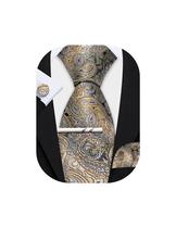 Conjunto de gravata Barry.Wang Khaki Grey Paisley Silk 150 cm