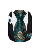 Conjunto de gravata Barry.Wang Paisley em seda verde-azulado