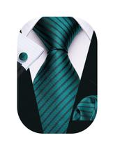 Conjunto de gravata Barry.Wang Stripe de seda com abotoaduras azul-petróleo