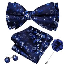 Conjunto de gravata borboleta Barry.Wang em seda floral azul marinho 13,5 x 7,5 cm