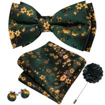 Conjunto de gravata borboleta Barry.Wang Floral Silk Green Amarelo 13,5 x 7,5 cm