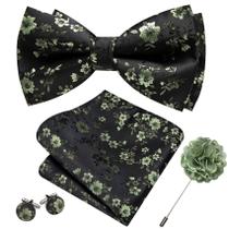 Conjunto de gravata-borboleta Barry.Wang Floral Silk pré-amarrado verde preto