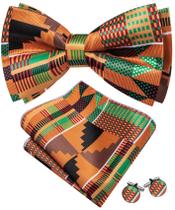 Conjunto de gravata borboleta Barry.Wang Orange Green African Kente Silk Conjunto de gravata borboleta Barry.Wang Orange Green African Kente Silk