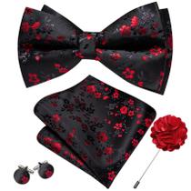Conjunto de gravata borboleta Barry.Wang Red Black Floral Silk 13,5 x 7,5 cm