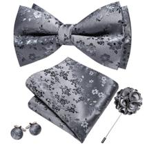 Conjunto de gravata borboleta Barry.Wang Silver Grey Floral Silver Silk Formal