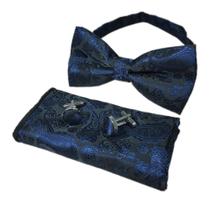 Conjunto de Gravata Borboleta Elfeves - Azul Marinho e Preto com Padrão Paisley