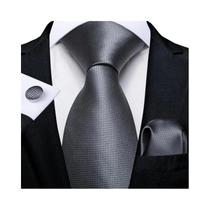 Conjunto de Gravata e Abutões Masculinos - Seda Jacquard Preto, Branco, Cinza e Prata