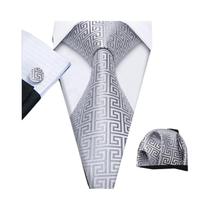Conjunto de Gravata e Abutões Masculinos - Seda Jacquard Preto, Branco, Cinza e Prata