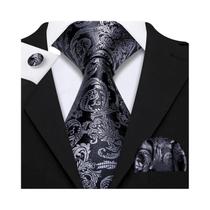Conjunto de Gravata e Abutões Masculinos - Seda Jacquard Preto, Branco, Cinza e Prata