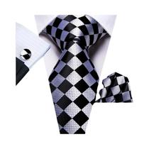 Conjunto De Gravata, Lenço E Abotoaduras Masculinas Em Xadrez Cinza, Rosa E Vermelho, Moda