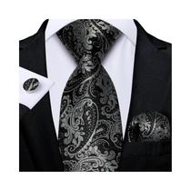 Conjunto De Gravata Masculina Preta Prateada Paisley Floral Com Abotoaduras E Lenço Para Casamento