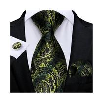 Conjunto De Gravata Masculina Preta Prateada Paisley Floral Com Abotoaduras E Lenço Para Casamento