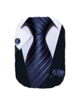 Conjunto de gravatas Barry.Wang azul marinho com listras de seda, presente Conjunto de gravatas Barry.Wang azul marinho com listras de seda, presente