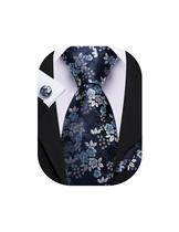 Conjunto de gravatas Barry.Wang Navy Light Blue Floral Silk para homens Conjunto de gravatas Barry.Wang Navy Light Blue Floral Silk para homens