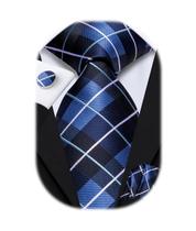 Conjunto de gravatas Hi-Tie xadrez preto azul e poliéster de seda para homens Conjunto de gravatas Hi-Tie xadrez preto azul e poliéster de seda para homens