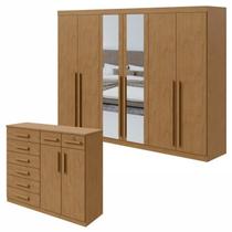 Conjunto de Guarda-roupa 6 Portas com Espelho Bertha com Cômoda Toronto Conjunto de Guarda-roupa 6 Portas com Espelho Bertha com Cômoda Toronto