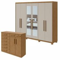 Conjunto de Guarda-roupa 6 Portas com Espelho e Pés Áries e Cômoda Toronto Conjunto de Guarda-roupa 6 Portas com Espelho e Pés Áries e Cômoda Toronto