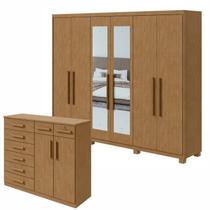 Conjunto de Guarda-roupa 6 Portas com Espelho e Pés Áries e Cômoda Toronto Conjunto de Guarda-roupa 6 Portas com Espelho e Pés Áries e Cômoda Toronto