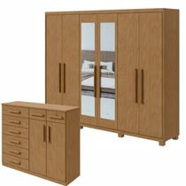 Conjunto de Guarda-roupa 6 Portas com Pés e Espelho Áries e Cômoda Toronto Conjunto de Guarda-roupa 6 Portas com Pés e Espelho Áries e Cômoda Toronto