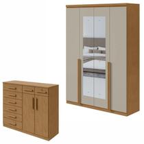 Conjunto de Guarda-roupa Alonzo 4 Portas com Espelho e Cômoda Toronto
