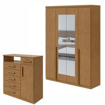 Conjunto de Guarda-roupa Alonzo com Espelho e Cômoda da Vinci com Nicho