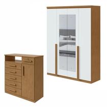 Conjunto de Guarda-roupa Alonzo com Espelho e Cômoda da Vinci com Nicho