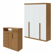 Conjunto de Guarda-Roupa Alonzo e Cômoda da Vinci com Nicho Marrom/Amêndoa Clean/Branco