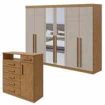 Conjunto de Guarda-Roupa Casal com Espelho e Cômoda Bertha e da Vinci Marrom Amêndoa Clean/Off White