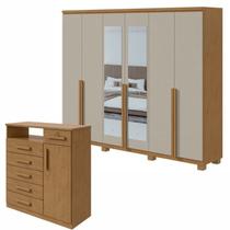 Conjunto de Guarda-Roupa Casal com Espelho e Pés e Cômoda Alonzo e da Vinci Bege Amêndoa Clean/Off White Conjunto de Guarda-Roupa Casal com Espelho e Pés e Cômoda Alonzo e da Vinci Bege Amêndoa Clean/Off White