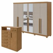 Conjunto de Guarda-Roupa Casal com Espelho e Pés e Cômoda Bertha e da Vinci Marrom Amêndoa Clean/Off White Conjunto de Guarda-Roupa Casal com Espelho e Pés e Cômoda Bertha e da Vinci Marrom Amêndoa Clean/Off White