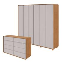Conjunto de Guarda-Roupa Casal Loop 6 Portas com Pés e Cômoda 8 Gavetas 152x48x96cm Loop Marrom/Amêndoa Clean/Off White