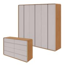 Conjunto de Guarda-Roupa Casal Loop 6 Portas e Cômoda 8 Gavetas 152x48x96cm Loop Marrom/Amêndoa Clean/Off White