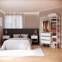 Conjunto de Guarda-Roupa Closet Modulado Dormitório 3 GV e 2 Mesas de Cabeceira Retrô 1 GV Branco e Mel