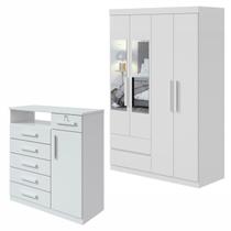 Conjunto de Guarda-roupa Solteiro com Espelho 4 Portas 2 Gavetas Zeuse Cômoda da Vinci Conjunto de Guarda-roupa Solteiro com Espelho 4 Portas 2 Gavetas Zeuse Cômoda da Vinci